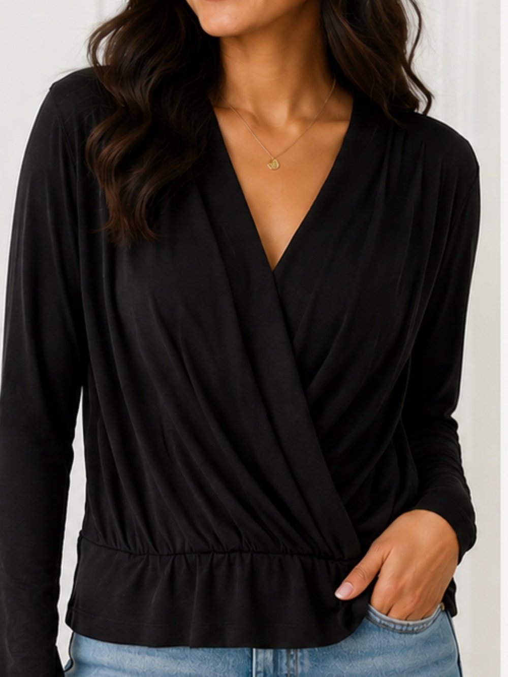 Garnet Hill Black Surplice Long-Sleeve Top Size L Organic cotton, Minimalist